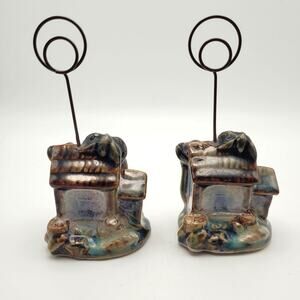 Ceramic Beach Cottage Photo Memo Holders Set of 2 w/ Palm Trees & Shells Coastal